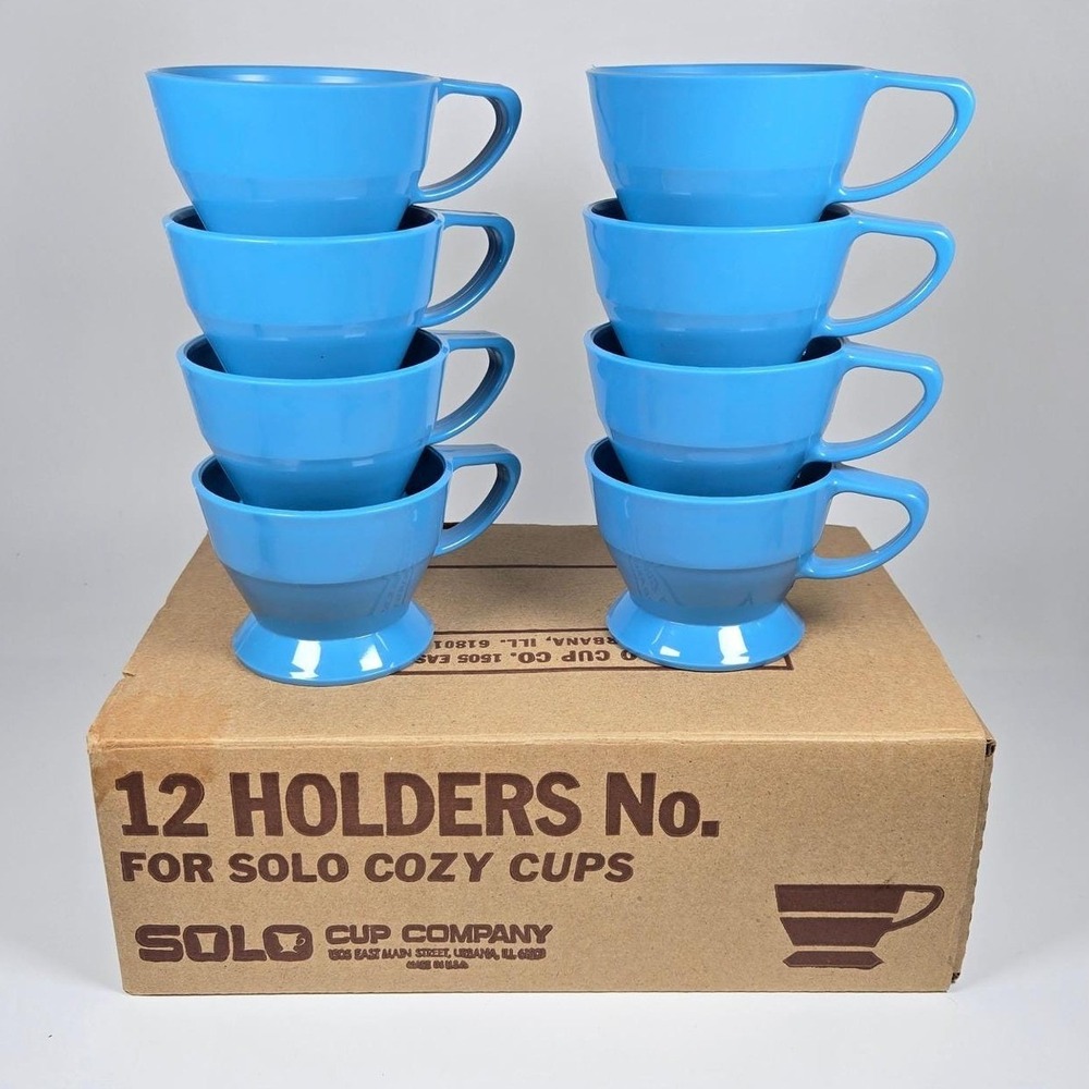 Vintage SOLO Cozy Cup Holders Blue Plastic Stackable 8 Original Box Retro MCM